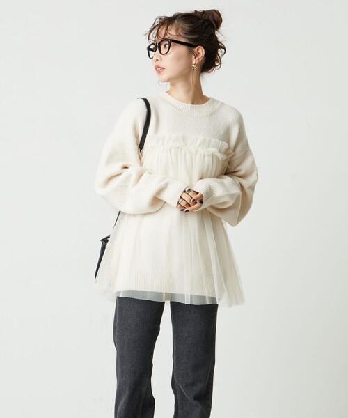 FREAK'S STORE(フリークスストア)の「限定展開 チュール ドッキング ニット プルオーバー(ニット/セーター・レディース・ブラック/ナチュラル/杢グレー/ベージュ/ライトグレー・フリ-)」の18枚目の写真