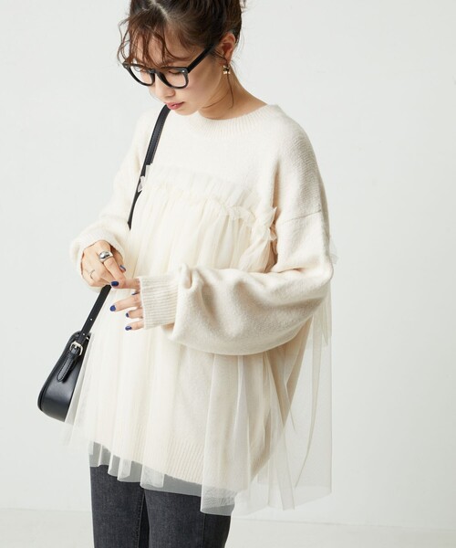 FREAK'S STORE(フリークスストア)の「限定展開 チュール ドッキング ニット プルオーバー(ニット/セーター・レディース・ブラック/ナチュラル/杢グレー/ベージュ/ライトグレー・フリ-)」の20枚目の写真