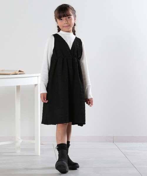 SHOO・LA・RUE(シューラルー)の「◆【洗える/110-140cm】着るだけでコーデが決まる ジャカード ドッキングワンピース(ワンピース・キッズ・パープル/ブラック・14/13/12/11)」の1枚目の写真