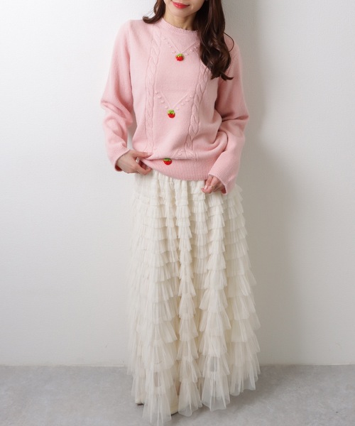 Lace Ladies(レースレディース)の「ストロベリー モチーフ付き クルーネック ケーブル ニット プルオーバー(ニット/セーター・レディース・ホワイト/ピンク/ミント・FREE)」の13枚目の写真