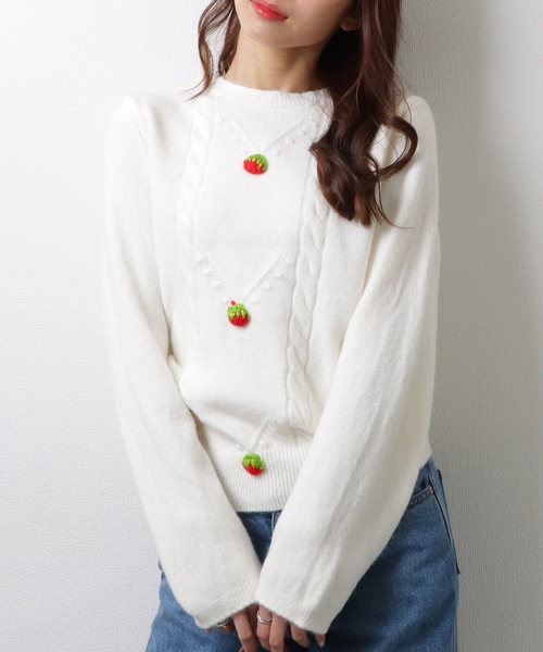 Lace Ladies(レースレディース)の「ストロベリー モチーフ付き クルーネック ケーブル ニット プルオーバー(ニット/セーター・レディース・ホワイト/ピンク/ミント・FREE)」の15枚目の写真