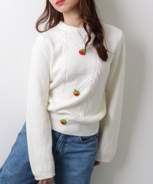 Lace Ladies(レースレディース)の「ストロベリー モチーフ付き クルーネック ケーブル ニット プルオーバー(ニット/セーター・レディース・ホワイト/ピンク/ミント・FREE)」の16枚目の写真