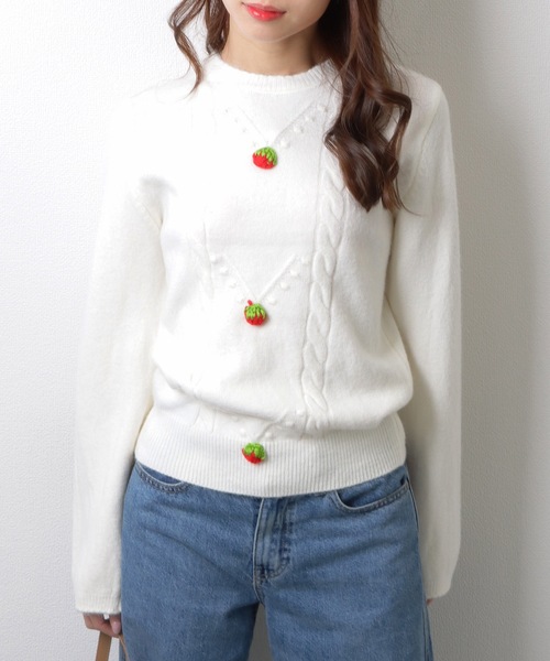Lace Ladies(レースレディース)の「ストロベリー モチーフ付き クルーネック ケーブル ニット プルオーバー(ニット/セーター・レディース・ホワイト/ピンク/ミント・FREE)」の18枚目の写真