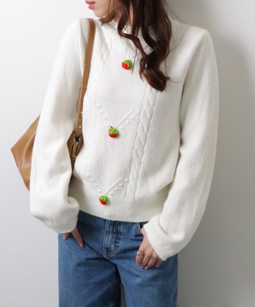 Lace Ladies(レースレディース)の「ストロベリー モチーフ付き クルーネック ケーブル ニット プルオーバー(ニット/セーター・レディース・ホワイト/ピンク/ミント・FREE)」の19枚目の写真