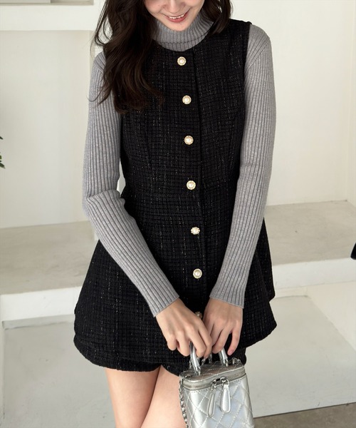 clear（クリア）の「フロントボタンツイードチュニック＆ショートパンツセット [大人 フェミニン 上品]≪再入荷≫（チュニック・レディース・ブルー/ブラック/アイボリー/ピンク・S/M）」の5枚目の写真