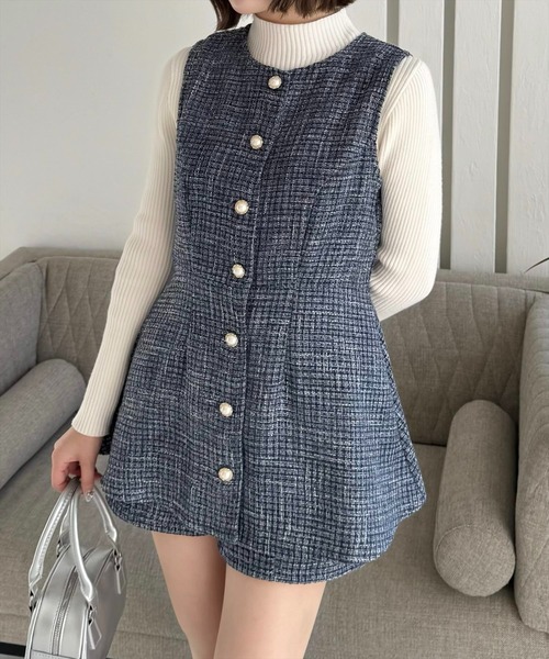 clear（クリア）の「フロントボタンツイードチュニック＆ショートパンツセット [大人 フェミニン 上品]≪再入荷≫（チュニック・レディース・ブルー/ブラック/アイボリー/ピンク・S/M）」の6枚目の写真