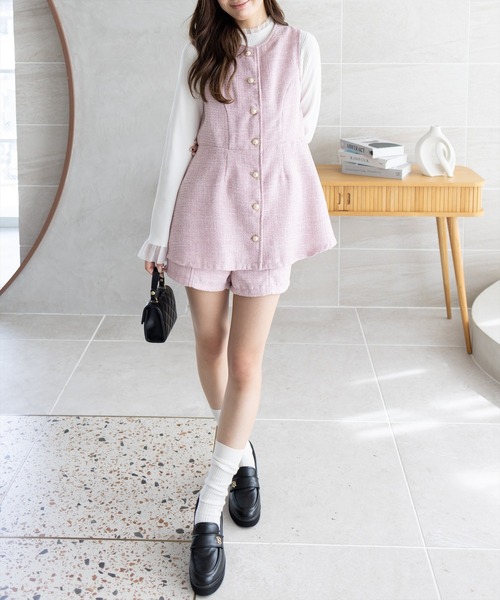 セール】フロントボタンツイードチュニック＆ショートパンツセット