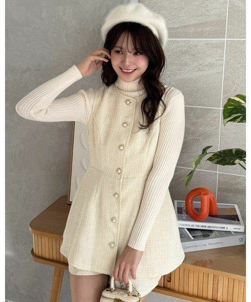 セール】フロントボタンツイードチュニック＆ショートパンツセット