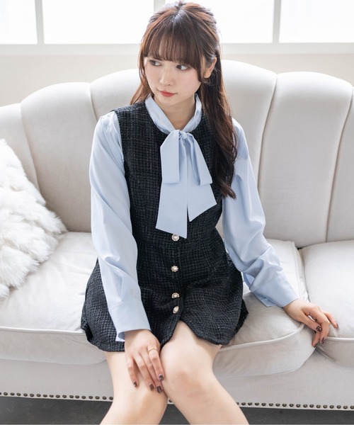 110cm チュニック+ショートパンツ 2点セット チェック柄レイヤード風チュニック×フリルショートパンツセットアップ