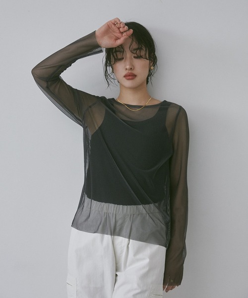hunch（ハンチ）の「【WEB限定/別注】リバーシブルパワーネット クルーネックシアートップス（Tシャツ/カットソー・レディース・ベージュ系その他/ダークグリーン系/ブラック系その他・FREE）」の4枚目の写真