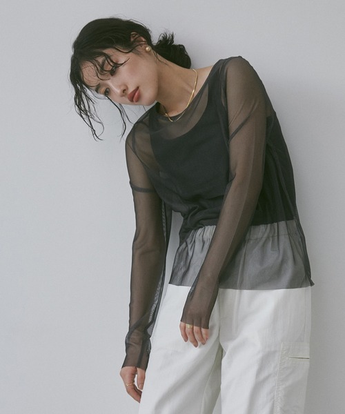 hunch（ハンチ）の「【WEB限定/別注】リバーシブルパワーネット クルーネックシアートップス（Tシャツ/カットソー・レディース・ベージュ系その他/ダークグリーン系/ブラック系その他・FREE）」の5枚目の写真