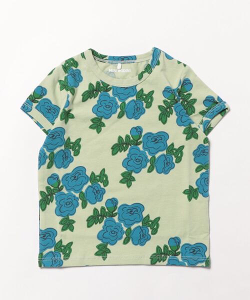 Mini Rodini(ミニロディーニ)の「mini rodini / ブルーローズ柄Tシャツ(Tシャツ/カットソー・キッズ・グリーン・104/110/92/98/80/86)」の1枚目の写真