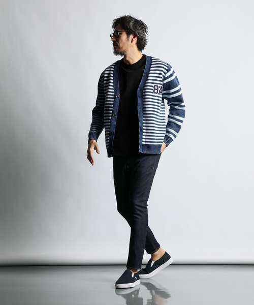 The DUFFER of ST.GEORGE（ザダファーオブセントジョージ）の「[INDIGO LABEL] INDIGO STRIPE＆BORDER CARDIGAN：インディゴ ボーダー ストライプ カーディガン（カーディガン/ボレロ・メンズ・インディゴブルー/ダークインディゴブルー・MEDIUM/LARGE/X-LARGE）」の4枚目の写真
