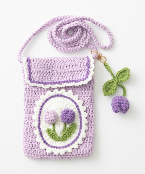 emonique(エモニーク)の「ハンドメイド 手編み かぎ編み ニットサコッシュバッグ(ショルダーバッグ・レディース・ローズ/ネイビー/パープル/ベージュ/ピンク/グリーン/イエロー・FREE)」の5枚目の写真