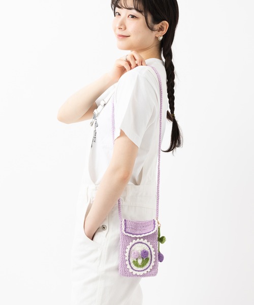 emonique(エモニーク)の「ハンドメイド 手編み かぎ編み ニットサコッシュバッグ(ショルダーバッグ・レディース・ローズ/ネイビー/パープル/ベージュ/ピンク/グリーン/イエロー・FREE)」の9枚目の写真