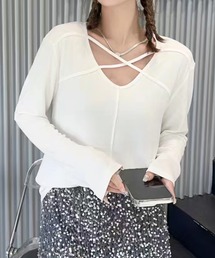 クロスデザインVネック長袖トップス