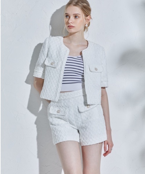ERADIE(エラディエ)の「Summer tweed short jacket サマーツイードショートジャケット(ノーカラージャケット・レディース・イエロー系/ホワイト・FREE)」の2枚目の写真
