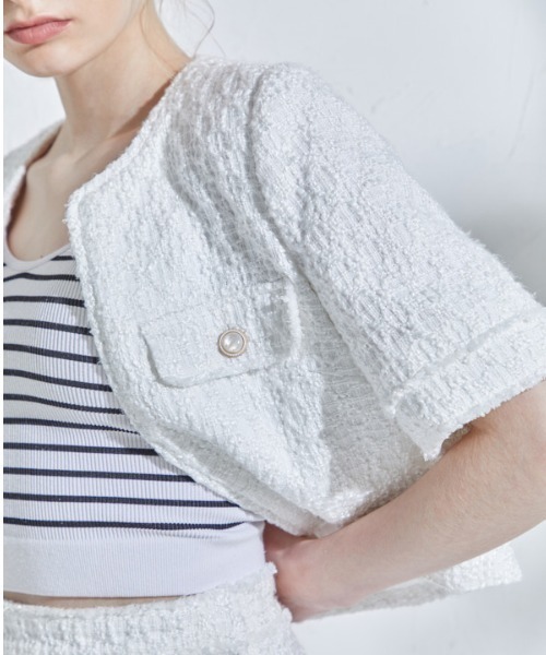 ERADIE(エラディエ)の「Summer tweed short jacket サマーツイードショートジャケット(ノーカラージャケット・レディース・イエロー系/ホワイト・FREE)」の10枚目の写真