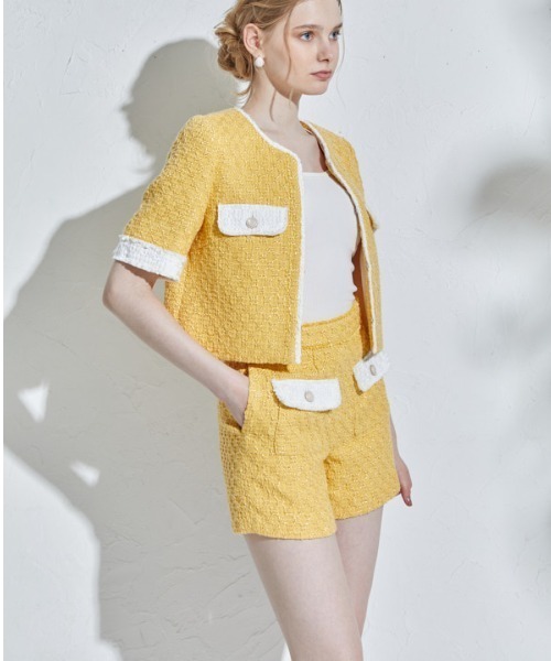 ERADIE(エラディエ)の「Summer tweed short jacket サマーツイードショートジャケット(ノーカラージャケット・レディース・イエロー系/ホワイト・FREE)」の20枚目の写真