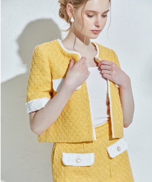 ERADIE(エラディエ)の「Summer tweed short jacket サマーツイードショートジャケット(ノーカラージャケット・レディース・イエロー系/ホワイト・FREE)」の18枚目の写真