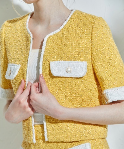 ERADIE(エラディエ)の「Summer tweed short jacket サマーツイードショートジャケット(ノーカラージャケット・レディース・イエロー系/ホワイト・FREE)」の17枚目の写真