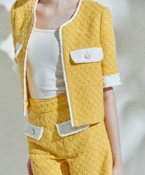ERADIE(エラディエ)の「Summer tweed short jacket サマーツイードショートジャケット(ノーカラージャケット・レディース・イエロー系/ホワイト・FREE)」の16枚目の写真