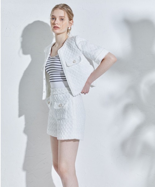 ERADIE(エラディエ)の「Summer tweed short jacket サマーツイードショートジャケット(ノーカラージャケット・レディース・イエロー系/ホワイト・FREE)」の6枚目の写真