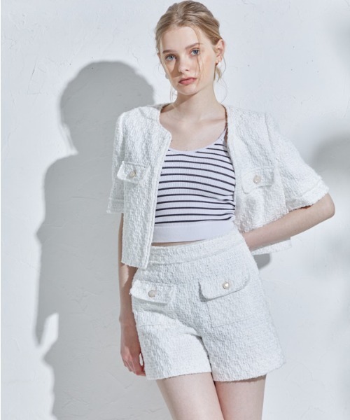 ERADIE(エラディエ)の「Summer tweed short jacket サマーツイードショートジャケット(ノーカラージャケット・レディース・イエロー系/ホワイト・FREE)」の5枚目の写真