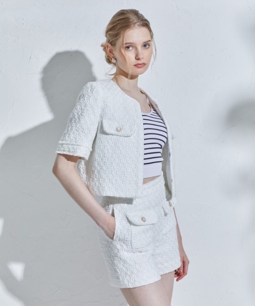 ERADIE(エラディエ)の「Summer tweed short jacket サマーツイードショートジャケット(ノーカラージャケット・レディース・イエロー系/ホワイト・FREE)」の13枚目の写真