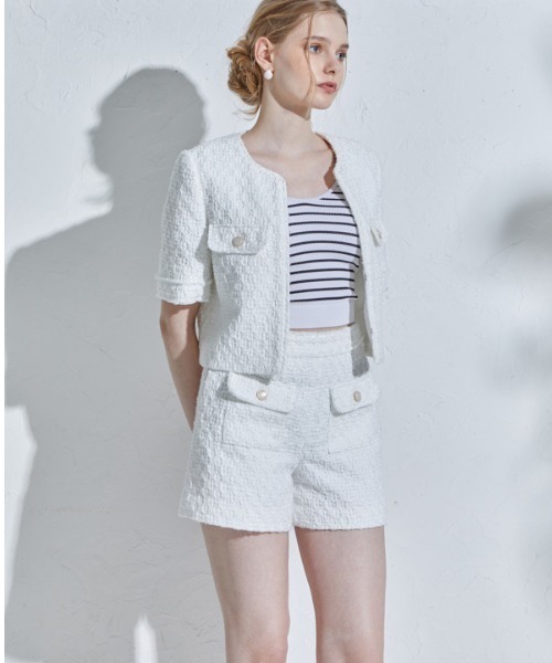 ERADIE(エラディエ)の「Summer tweed short jacket サマーツイードショートジャケット(ノーカラージャケット・レディース・イエロー系/ホワイト・FREE)」の8枚目の写真