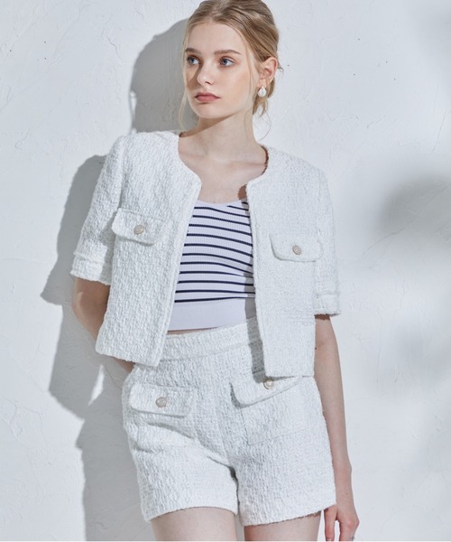 ERADIE(エラディエ)の「Summer tweed short jacket サマーツイードショートジャケット(ノーカラージャケット・レディース・イエロー系/ホワイト・FREE)」の9枚目の写真