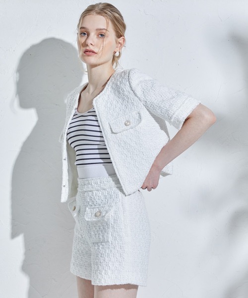 ERADIE(エラディエ)の「Summer tweed short jacket サマーツイードショートジャケット(ノーカラージャケット・レディース・イエロー系/ホワイト・FREE)」の14枚目の写真