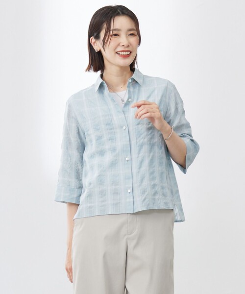 J.PRESS(ジェイプレス)の「【洗える】SHEER チェック シャツ ブラウス(シャツ/ブラウス・レディース・オレンジ系3/ピーコックグリーン系3/ホワイト系3・T15/T13)」の2枚目の写真