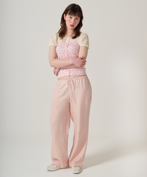 ダブルリボン ナイロンパンツホワイトtina jojun セール】ストーン付き ドロストリングパンツ TINA：JOJUN