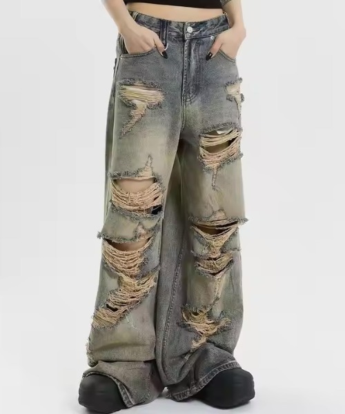 パンツ MAZZ DOUBLE WAIST DENIM damage SALE】2way High Damage Denim Pants