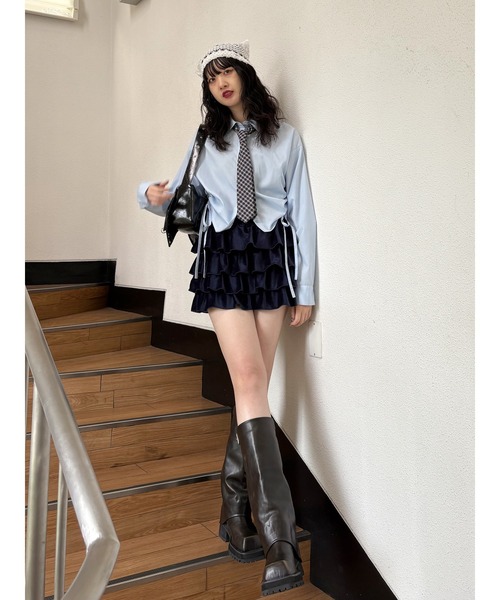 jouetie（ジュエティ）の「ベロアラインティアードミニスカート【セットアップ対応】冬服（スカート・レディース・ネイビー/ブラウン/グレー/ブラック・MEDIUM）」の5枚目の写真