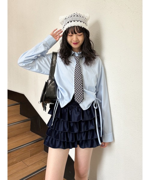 jouetie（ジュエティ）の「ベロアラインティアードミニスカート【セットアップ対応】冬服（スカート・レディース・ネイビー/ブラウン/グレー/ブラック・MEDIUM）」の6枚目の写真