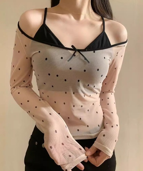 セール】ドットメッシュキャミ付きシアートップス（Tシャツ