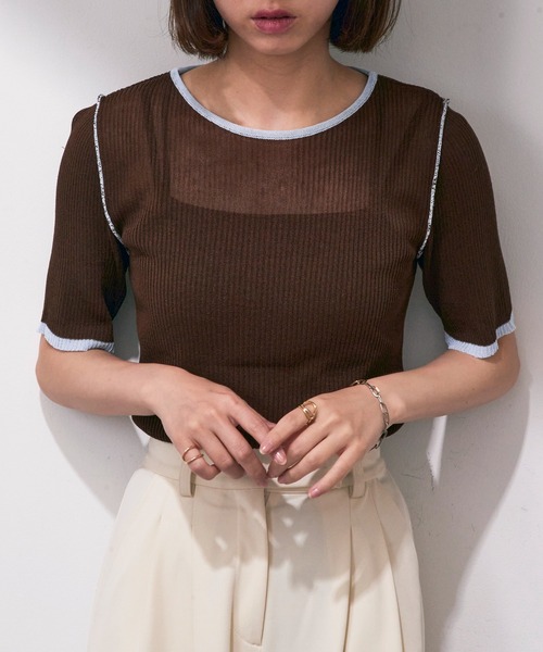 MAISON BREEZE reveur(メゾンブリーズレヴール)の「【MAISON BREEZE reveur】配色クルーネックトップス DTK(Tシャツ/カットソー・レディース・ブラウン/アイボリー/グレー/チャコールグレー・FREE)」の1枚目の写真