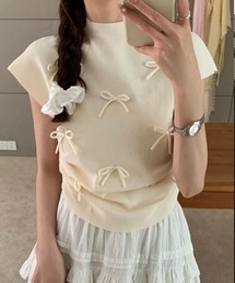 リボン付きリブニット プチハイネック夏服