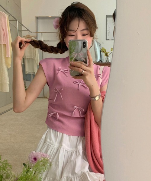Miniministore(ミニミニストア)の「リボン付きリブニット プチハイネック夏服(ニット/セーター・レディース・ピンク/ブラック/ベージュ/レッド/ブルー/ライトグリーン/ローズ・FREE)」の7枚目の写真