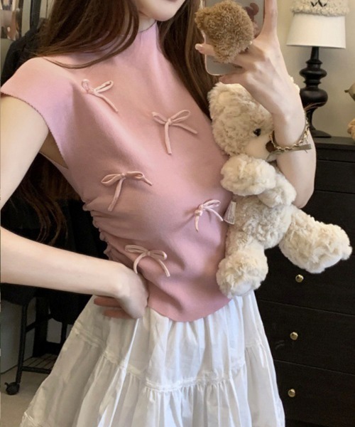 Miniministore(ミニミニストア)の「リボン付きリブニット プチハイネック夏服(ニット/セーター・レディース・ピンク/ブラック/ベージュ/レッド/ブルー/ライトグリーン/ローズ・FREE)」の5枚目の写真