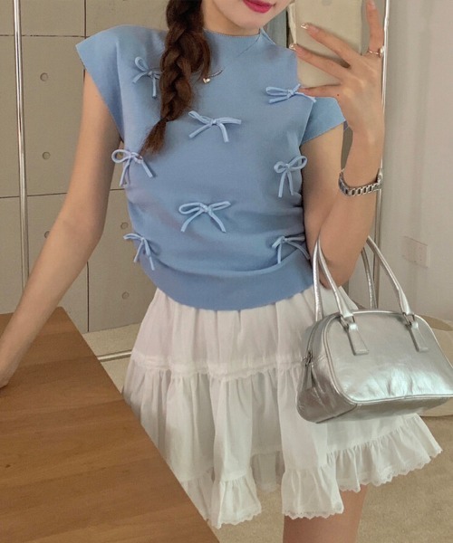 Miniministore(ミニミニストア)の「リボン付きリブニット プチハイネック夏服(ニット/セーター・レディース・ピンク/ブラック/ベージュ/レッド/ブルー/ライトグリーン/ローズ・FREE)」の4枚目の写真
