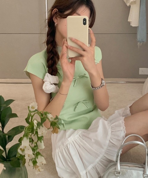 Miniministore(ミニミニストア)の「リボン付きリブニット プチハイネック夏服(ニット/セーター・レディース・ピンク/ブラック/ベージュ/レッド/ブルー/ライトグリーン/ローズ・FREE)」の3枚目の写真