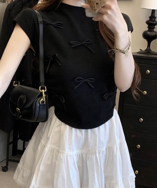 Miniministore(ミニミニストア)の「リボン付きリブニット プチハイネック夏服(ニット/セーター・レディース・ピンク/ブラック/ベージュ/レッド/ブルー/ライトグリーン/ローズ・FREE)」の1枚目の写真