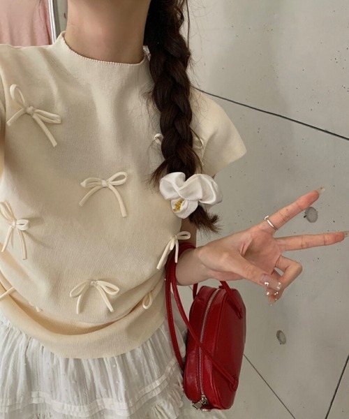 Miniministore(ミニミニストア)の「リボン付きリブニット プチハイネック夏服(ニット/セーター・レディース・ピンク/ブラック/ベージュ/レッド/ブルー/ライトグリーン/ローズ・FREE)」の14枚目の写真