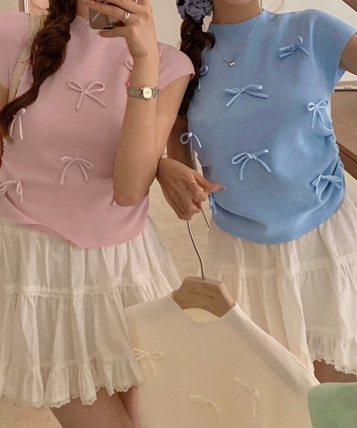 Miniministore(ミニミニストア)の「リボン付きリブニット プチハイネック夏服(ニット/セーター・レディース・ピンク/ブラック/ベージュ/レッド/ブルー/ライトグリーン/ローズ・FREE)」の17枚目の写真