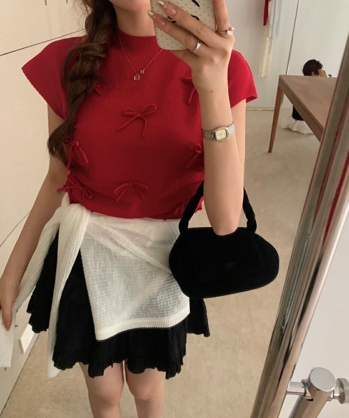 Miniministore(ミニミニストア)の「リボン付きリブニット プチハイネック夏服(ニット/セーター・レディース・ピンク/ブラック/ベージュ/レッド/ブルー/ライトグリーン/ローズ・FREE)」の10枚目の写真