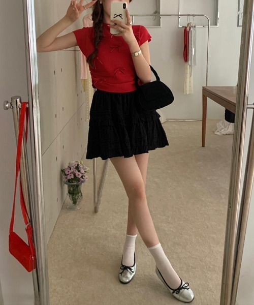 Miniministore(ミニミニストア)の「リボン付きリブニット プチハイネック夏服(ニット/セーター・レディース・ピンク/ブラック/ベージュ/レッド/ブルー/ライトグリーン/ローズ・FREE)」の11枚目の写真