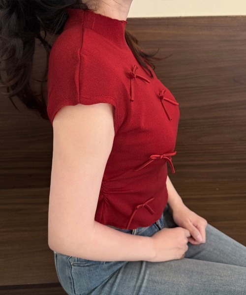Miniministore(ミニミニストア)の「リボン付きリブニット プチハイネック夏服(ニット/セーター・レディース・ピンク/ブラック/ベージュ/レッド/ブルー/ライトグリーン/ローズ・FREE)」の12枚目の写真